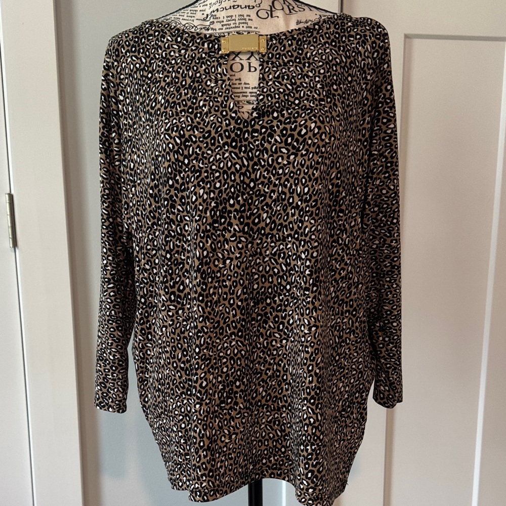 Michael Kors Leopard Print Cold Shoulder Blouse - Black and Tan